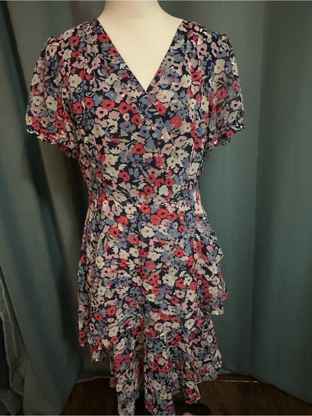 Tahari Arthur S Levine Dress 8 Floral Faux Wrap Ruffle Metallic Puff Sleeve